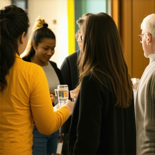 Local business leaders and residents at a community event, symbolizing community involvement in local SEO.