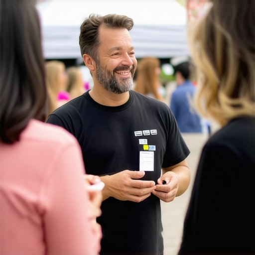 Local Business Engagement in Community Event Business owner interacting with customers at a community gathering