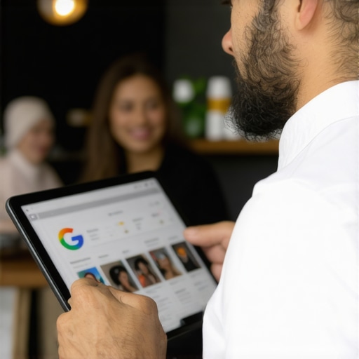 Local Business Owner Managing Google Profile Business owner optimizing Google My Business profile on tablet.