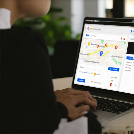 Optimizing Google My Business for Local SEO Business owner working on Google My Business profile with SEO tools.