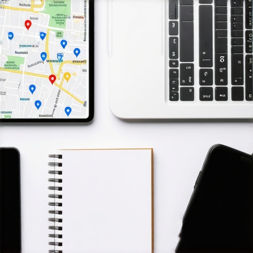 Desk setup with laptop and tools for local map SEO