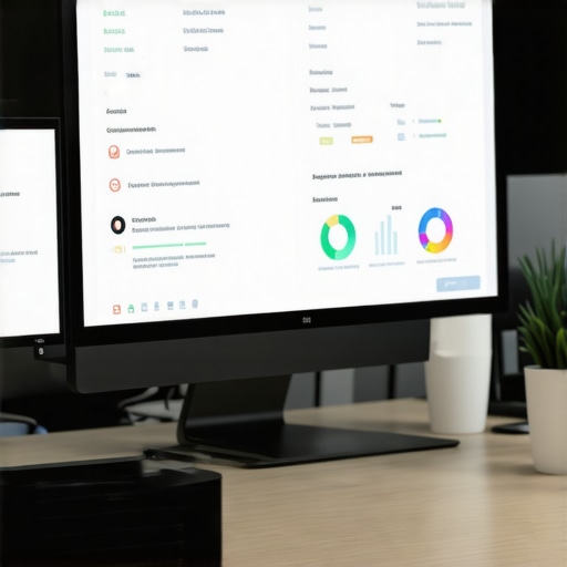 Workspace with SEO software dashboards for local map rankings.