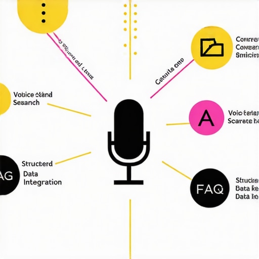 Illustration of voice search optimization components like keywords, FAQs, and structured data.