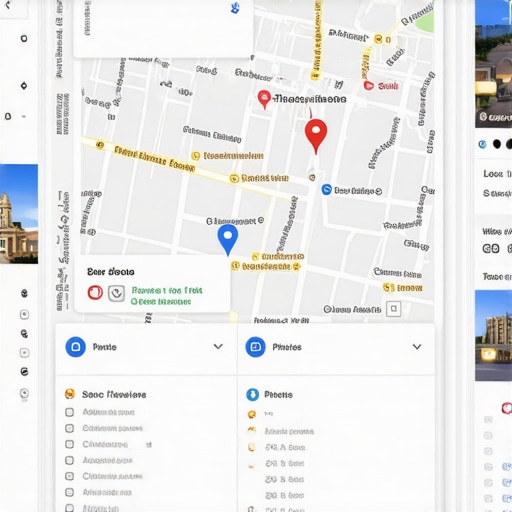 Illustration of Google Maps dashboard with markers, reviews, photos, and citation icons.