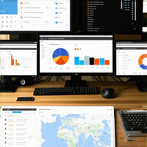 Map Optimization Tools Setup A desk featuring multiple monitors displaying SEO analytics and map ranking dashboards