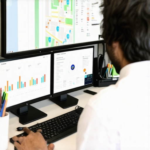 Map SEO Maintenance Tools in Action Person analyzing map rankings and SEO tools for local business optimization.