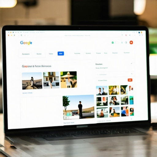 Business owner editing Google My Business profile on laptop, uploading photos and updating information.