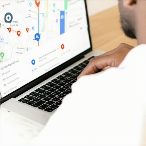 Person working on Google Maps optimization on laptop with maps and analytics.