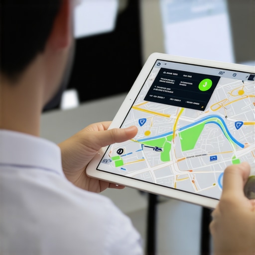 Business owner reviewing digital maps with AI data visualization