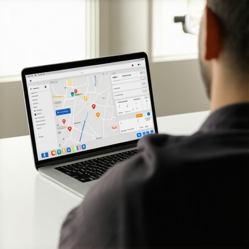 Business owner reviewing map ranking data and analytics on a laptop