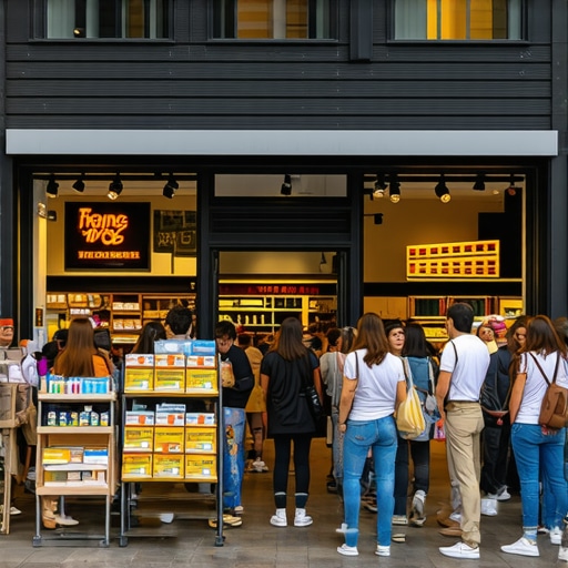 A lively retail storefront with prominent signage attracting local foot traffic.