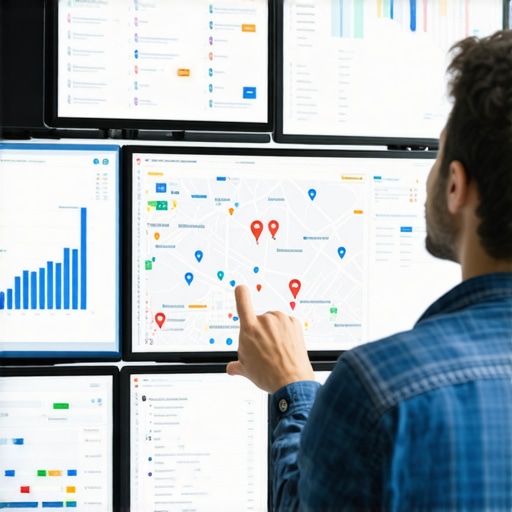Person reviewing local map ranking data on multiple computer screens