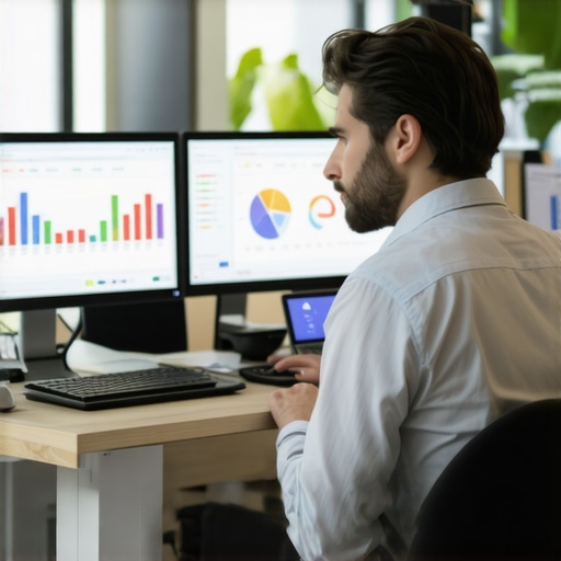 Business owner analyzing local SEO and map ranking dashboards on a computer