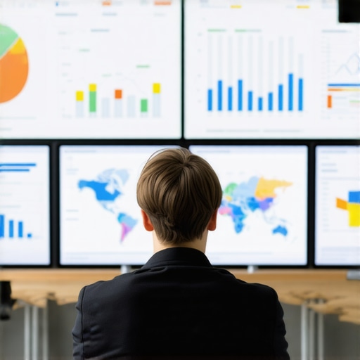A technician viewing SEO analytics and maps on multiple monitors to optimize local rankings.