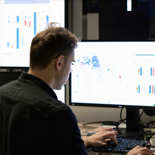 Person analyzing maps and data using multiple monitors showing SEO analytics and map rankings.