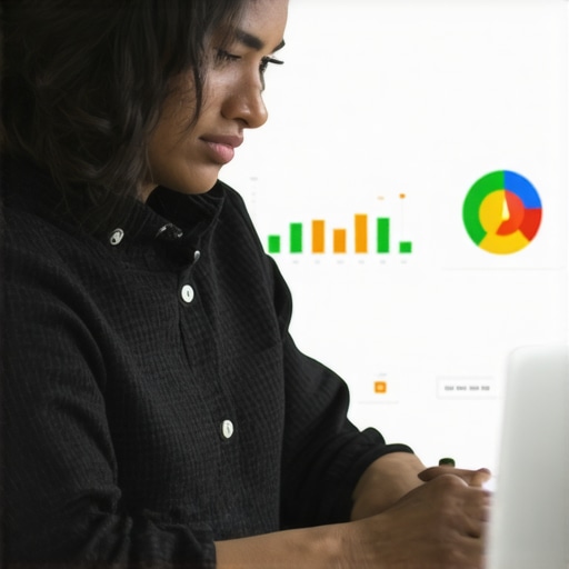 Person updating Google My Business listing on laptop with analytics charts in background.