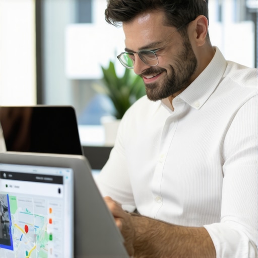 Business owner editing Google Maps profile on laptop in office environment.