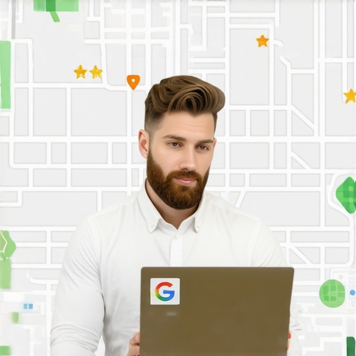 Effective Google Maps Optimization in Action Business owner optimizing profile on laptop with maps and review icons