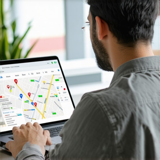 Business owner optimizing Google Maps profile with data analytics on laptop