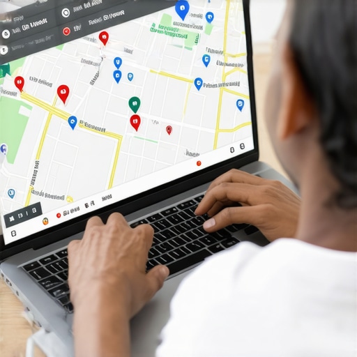 Optimizing Google Maps Profile with Visual Data Person editing Google Maps profile on laptop with traffic and visual analytics.
