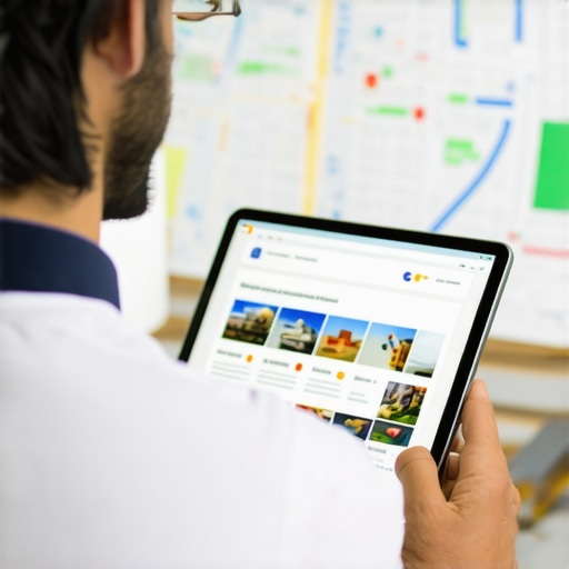 Optimizing Google Maps Profile Business owner editing Google Maps profile on tablet with city map background.