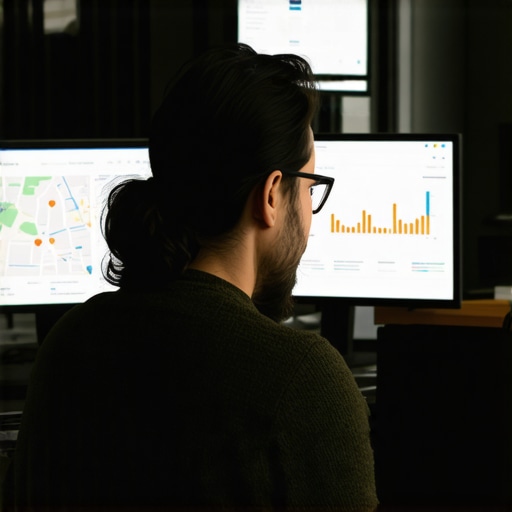 Digital marketer working with maps and SEO analysis tools at a workstation.