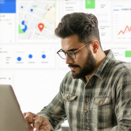 Business owner editing Google Maps profile on laptop with maps and analytics