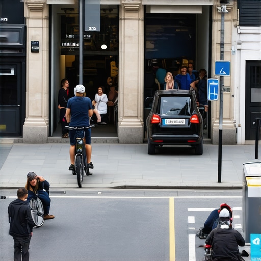 Storefront surrounded by bikes, scooters, and autonomous vehicles in an urban setting.