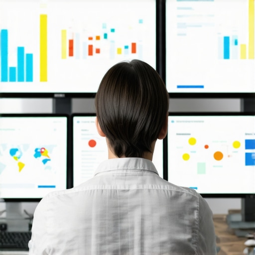 A professional analyzing local SEO metrics on multiple monitors, focusing on maps and analytics dashboards.