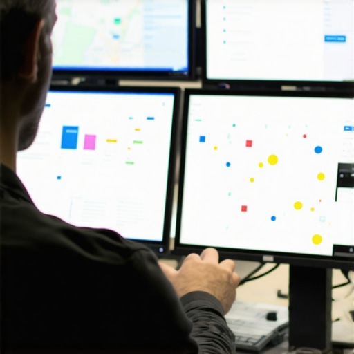 Digital Marketer Working on Map SEO Tools A person analyzing local map SEO performance on dual monitors to maintain top rankings.