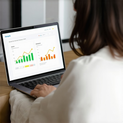 Business owner editing Google My Business profile on laptop with analytics in background.