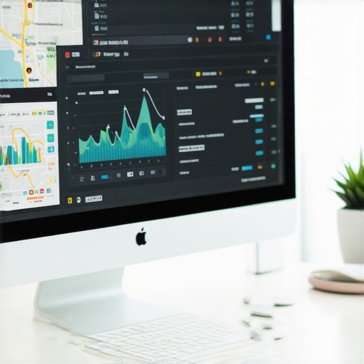A computer screen displaying local SEO analytics and maps, emphasizing data-driven optimization.