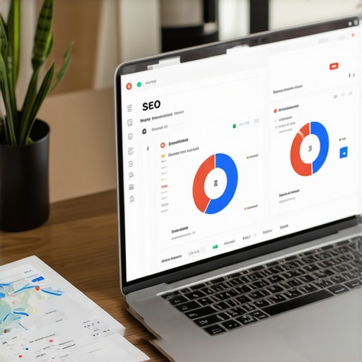 A workspace with SEO analytics dashboards, citation management software, and a laptop demonstrating maps optimization tools