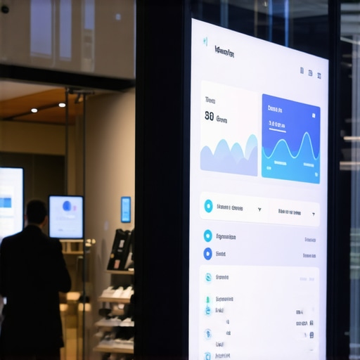Business storefront with augmented reality markers and dynamic digital signage demonstrating real-time updates