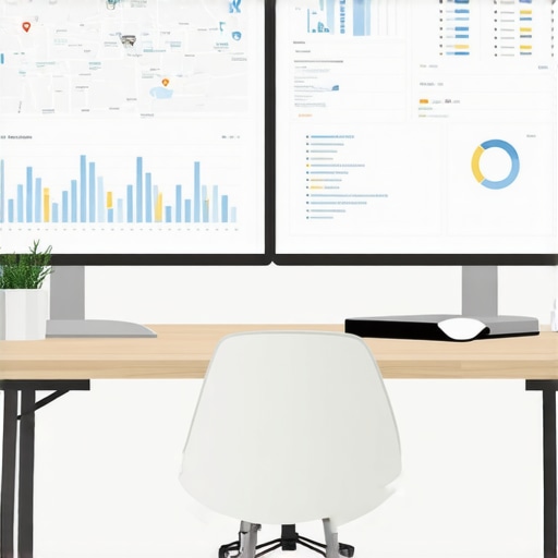 A desk with monitors showing local SEO analytics, maps, and review management dashboards.