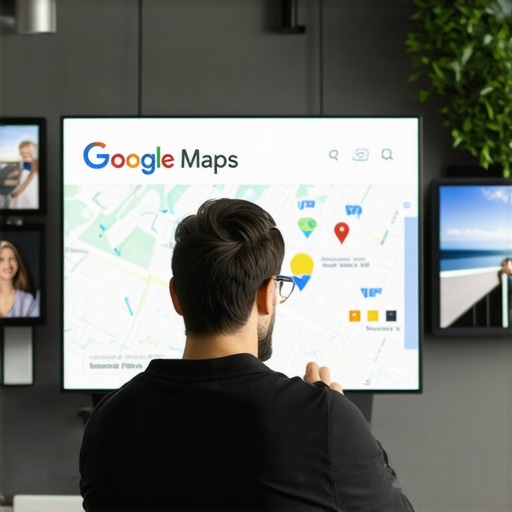 Business owner adding photos and reviews to Google Maps profile on a computer.